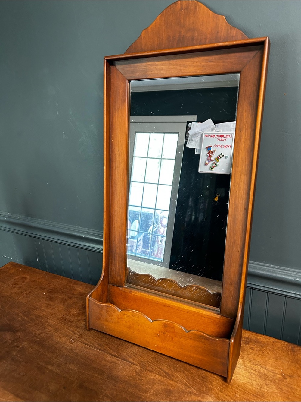 Antique Wooden Vanity Mirror with Built-In Shelf - Brown